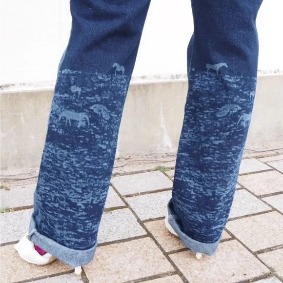 Paloma Wool NEW Vida Jeans Straight Leg Pants Laser Printed Portrait Horses Blue - Picture 3 of 13